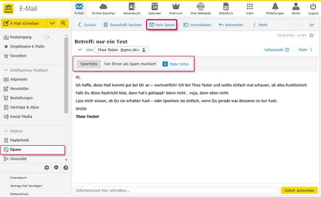 Anzeige, wenn eine E-Mail von Ihnen selbst als Spam markiert wurde