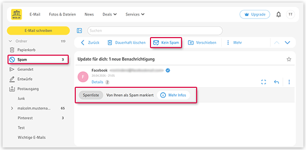 Anzeige, wenn eine E-Mail von Ihnen selbst als Spam markiert wurde