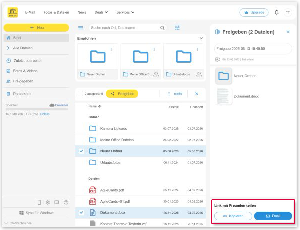 Freigabelink kopieren oder per Mail versenden