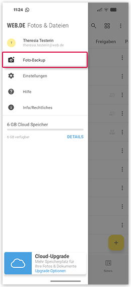 Screenshot: Menüpunkt Foto-Backup