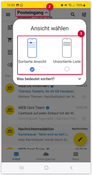 Sortierte Ansicht aktivieren und deaktivieren