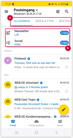 Aufbau des Posteingangs in der sortierten Ansicht