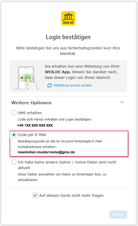 Code per E-Mail anfordern