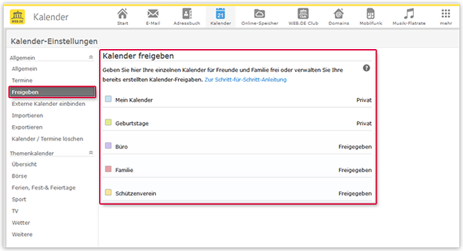 Kalender freigeben Übersicht