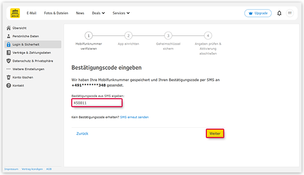 SMS-Code eingeben