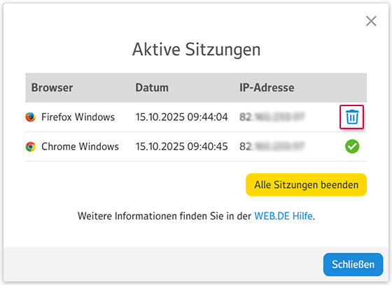 Einzelne Sitzung beenden