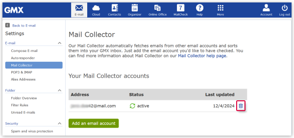 Delete Mail Collector via trash icon