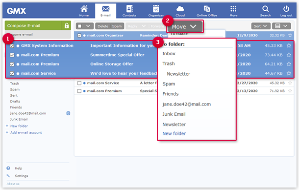 How to move email to a folder using the "Move" button