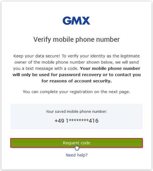 Screenshot: Request code to mobile phone number