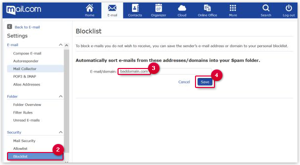 Entering an Address/Domain in your Blacklist