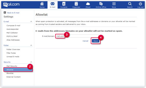 Entering an Email Address or Domain in the Whitelist