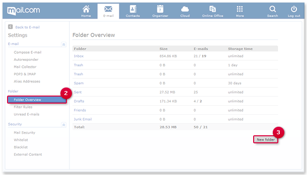 Create your own sub-folders, for example to sort faxes into a separate folder.