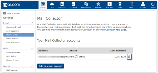 Delete Mail Collector via trash icon