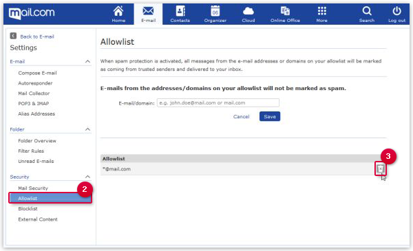 Deleting an Email Address or Domain from the Whitelist