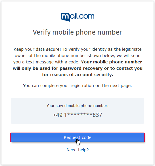 Screenshot: Request code to mobile phone number