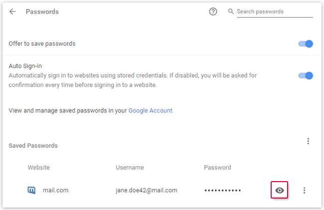 Display saved passwords in the browser or in the email program - mail